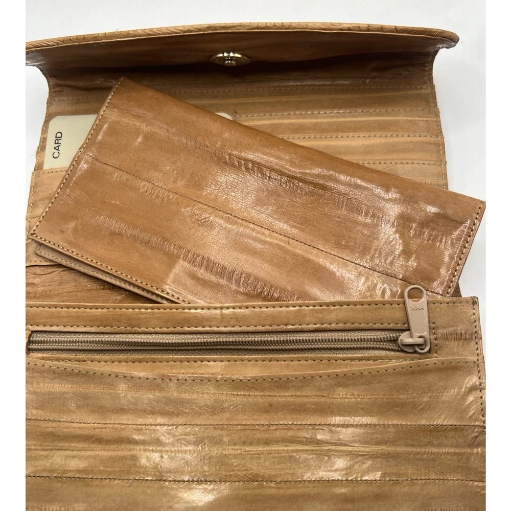 Womens Genuine Eel Skin Wallet Camel Tan Trifold Leather Checkbook Vintage Korea